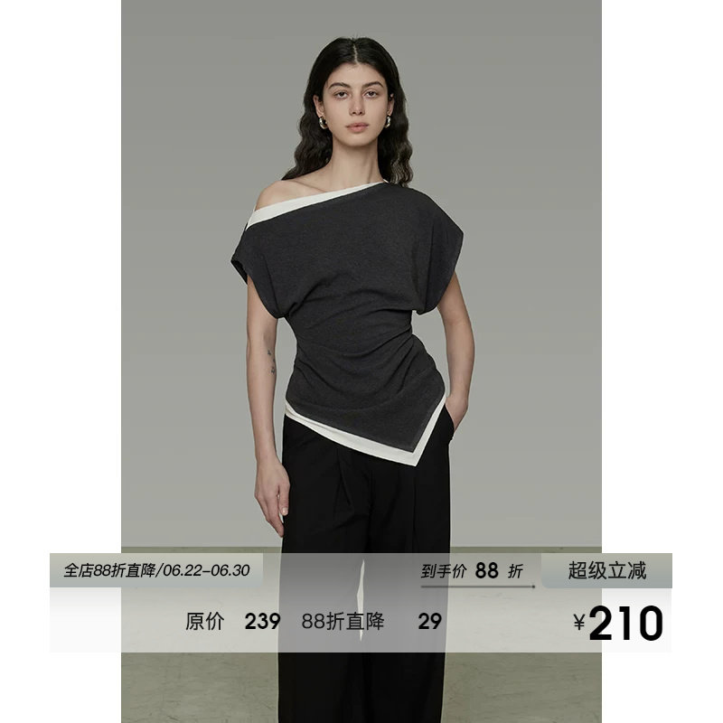 UNSPOKEN撞色斜肩针织衫女夏季2026新款不规则下摆显瘦露肩上衣