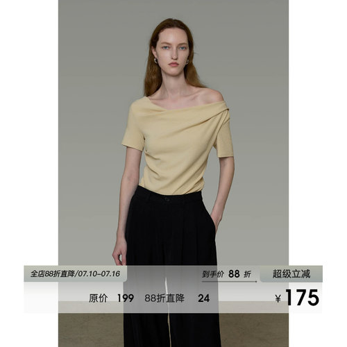 UNSPOKEN不对称荡领上衣女夏短袖设计感百搭显瘦气质T恤2026新款