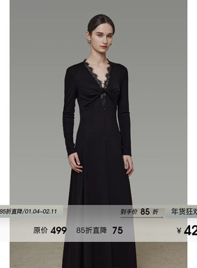 UNSPOKENV领拼接蕾丝扭结连衣裙女春2026新款简约高级感针织长裙