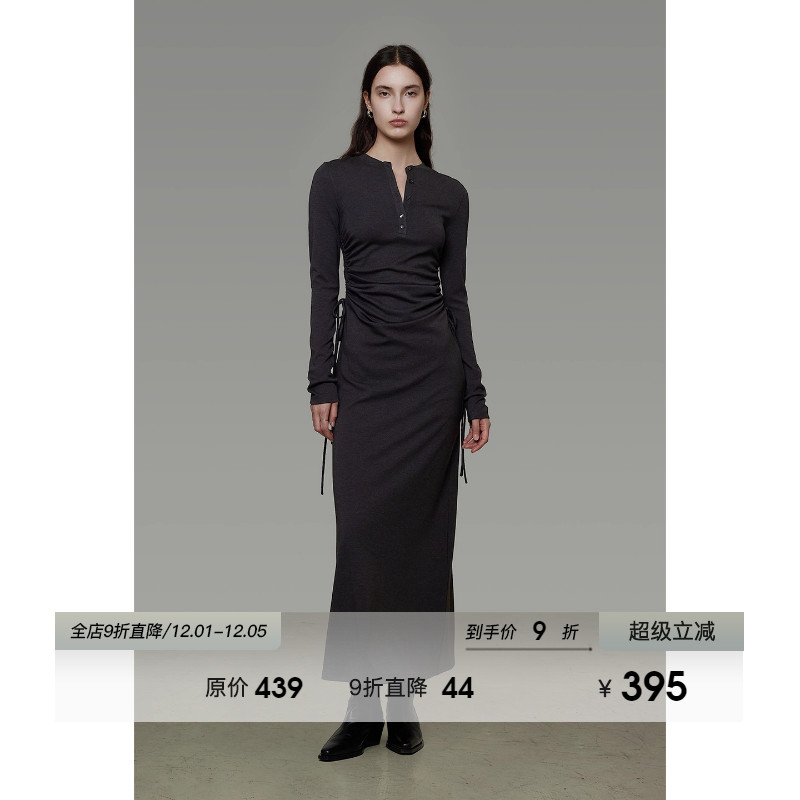 UNSPOKEN抽褶修身长袖连衣裙女秋冬季显瘦小众设计感半开襟长裙子