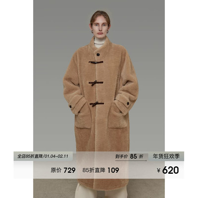 UNSPOKEN立领牛角扣皮毛一体女冬季复古慵懒风加厚长款毛毛外套