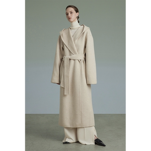 UNSPOKEN羊毛毛呢外套女2023年冬季 高级连帽浴袍双面呢大衣 中长款