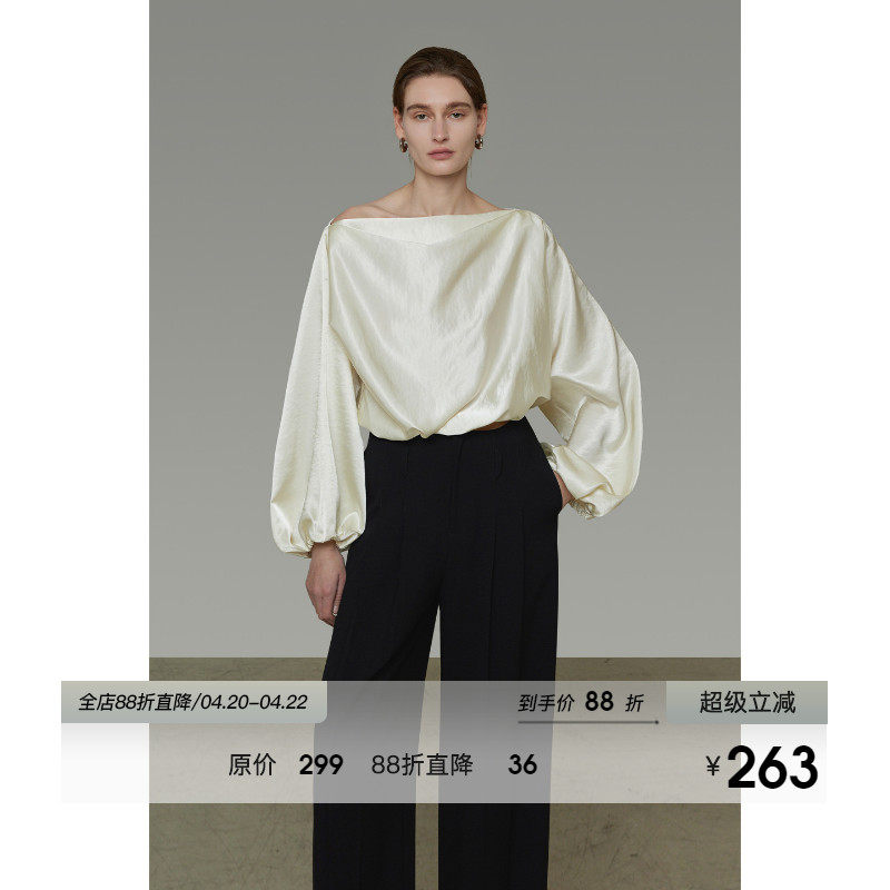 UNSPOKEN缎面斜肩衬衫不对称露肩设计简约大气长袖衬衣女2026新款