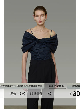 UNSPOKEN法式露肩衬衫女吊带上衣设计感小众扭结气质显瘦短袖衬衣