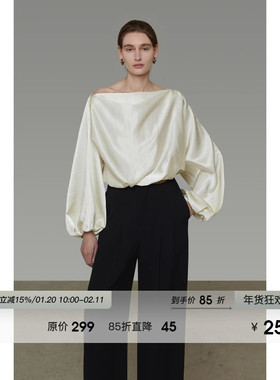 UNSPOKEN缎面斜肩衬衫不对称露肩设计简约大气长袖衬衣女2026新款