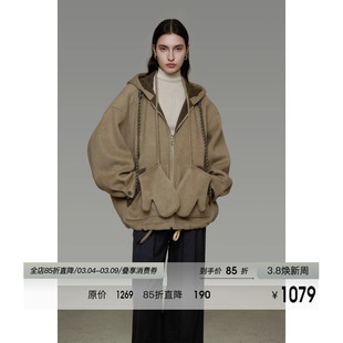 UNSPOKEN100羊毛两面穿连帽双面呢外套女原创设计感短款毛呢大衣