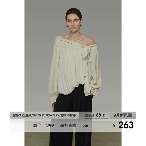 UNSPOKEN法式不规则斜肩衬衫女秋季2026新款设计感系带露肩上衣