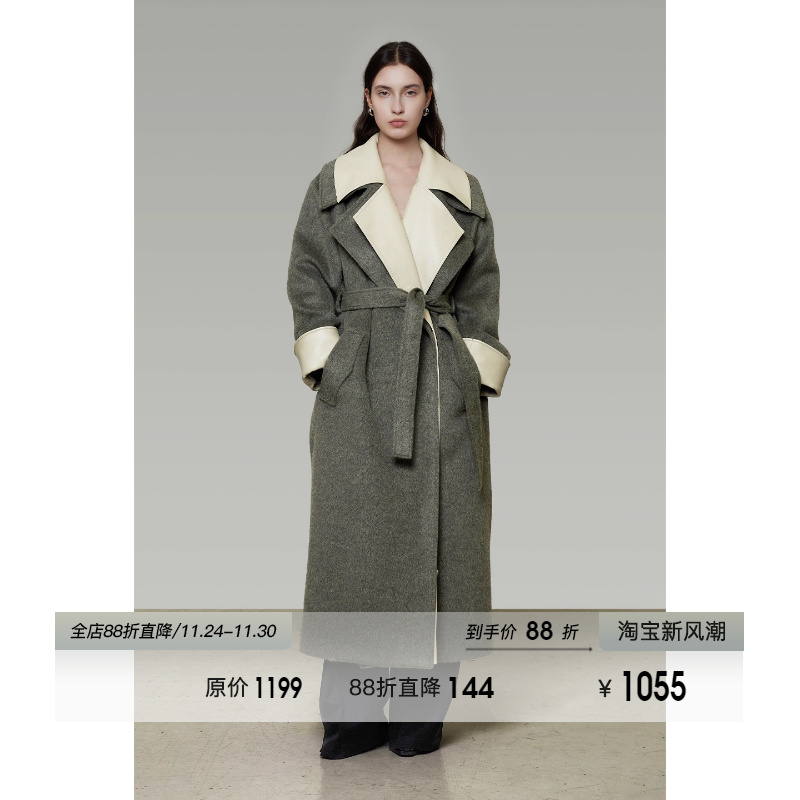 UNSPOKEN假两件绵羊毛双面呢大衣冬季2025新款宽松长款毛呢子外套