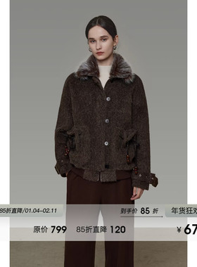 UNSPOKEN毛领拼接毛呢外套女冬季2025新款宽松廓形短款呢子大衣