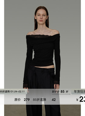 UNSPOKEN蕾丝拼接一字肩针织衫女2026春季新款简约高级感修身上衣