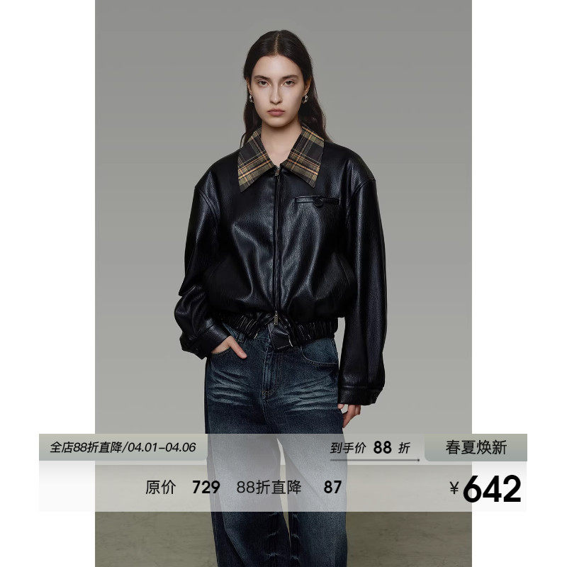 UNSPOKEN经典格纹拼接翻领皮衣外套女春季宽松设计感短款机车夹克