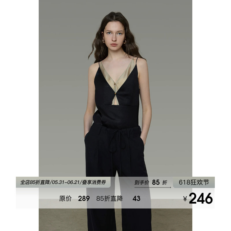 UNSPOKEN法式撞色假两件吊带上衣女V领设计感法式气质高级感上衣