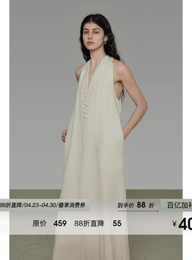 UNSPOKEN挂脖V领连衣裙女2026夏季新款无袖宽松简约设计感A字长裙