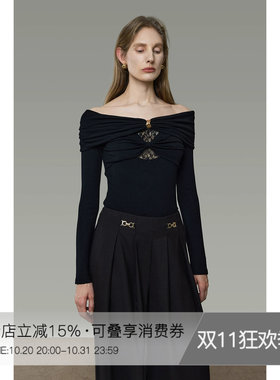 UNSPOKEN法式高级感气质显瘦设计感小众黑色蕾丝拼接一字肩上衣女