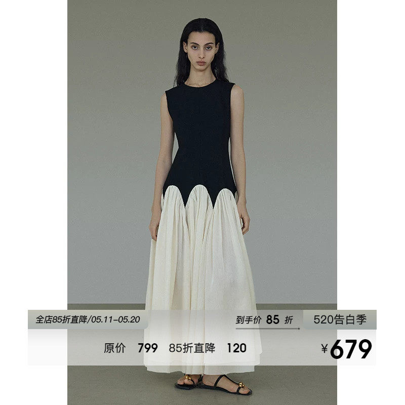 UNSPOKEN圆领无袖连衣裙女设计感小众高级法式拼接撞色显瘦长裙子