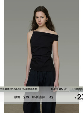 UNSPOKEN黑色露肩上衣女金属肩带小众设计感修身气质显瘦斜肩T恤