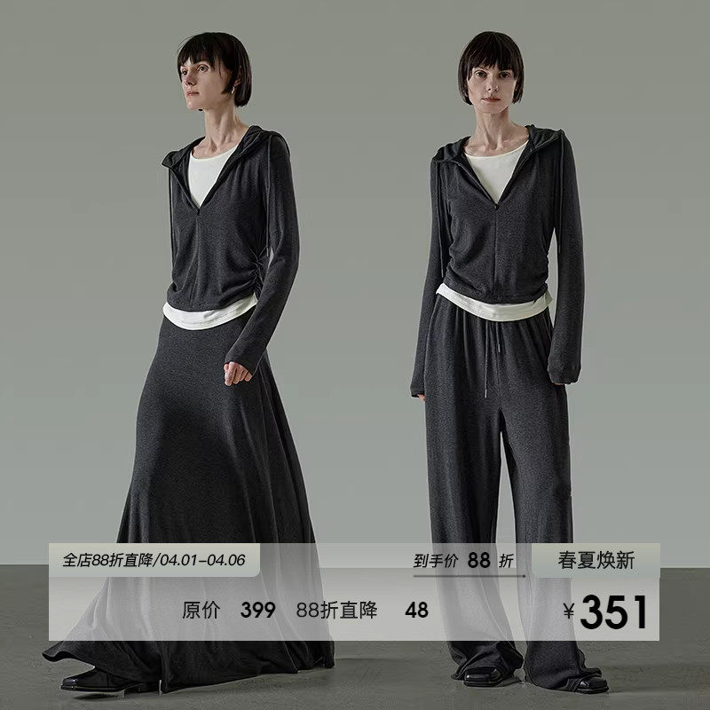 UNSPOKEN运动套装女春季宽松显瘦带帽上衣休闲裤长裙设计感三件套