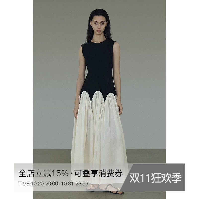UNSPOKEN圆领无袖连衣裙女设计感小众高级法式拼接撞色显瘦长裙子