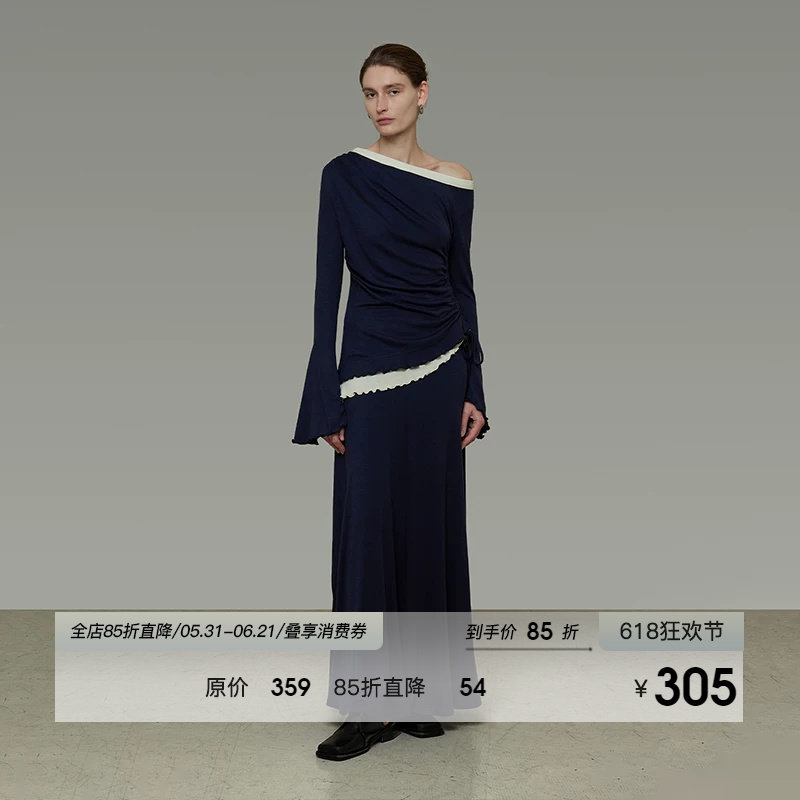 UNSPOKEN休闲运动套装女春季撞色斜肩针织衫休闲裤垂感半裙三件套