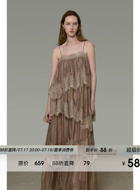 UNSPOKEN吊带连衣裙女2026新款夏高级感宽松显瘦蕾丝拼接法式长裙