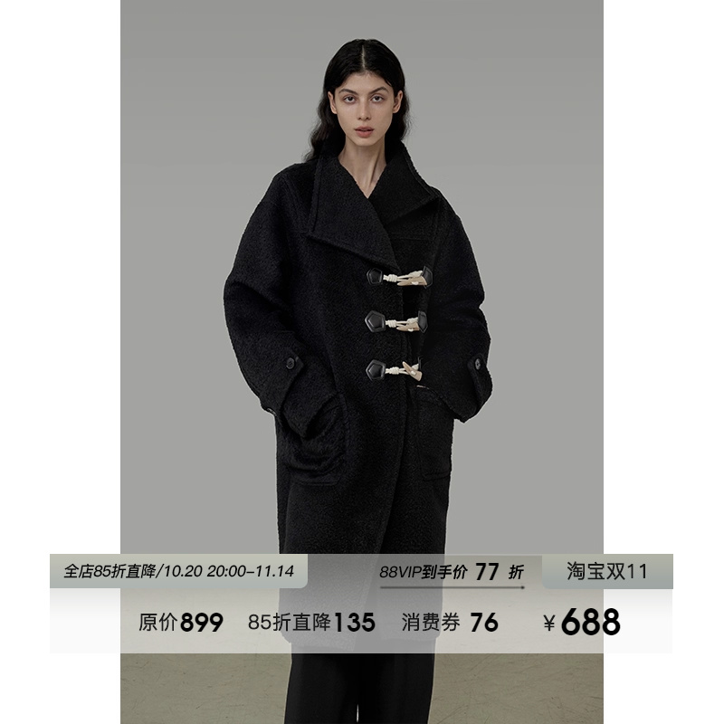 UNSPOKEN黑色牛角扣长款大衣