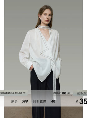 UNSPOKEN白色衬衫女长袖V领飘带高级感小众气质法式显瘦复古衬衣