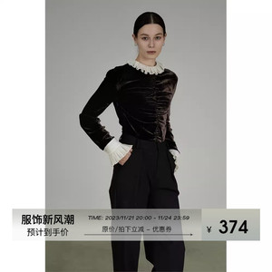 UNSPOKEN高级复古宫廷风设计感衬衣撞色丝绒拉夫领褶皱衬衫上衣女