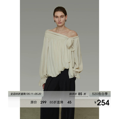UNSPOKEN法式不规则斜肩衬衫女春季2026新款设计感系带露肩上衣