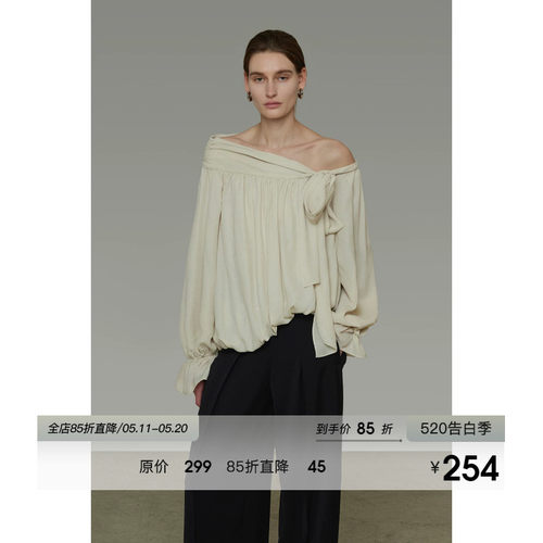 UNSPOKEN法式不规则斜肩衬衫女春季2026新款设计感系带露肩上衣