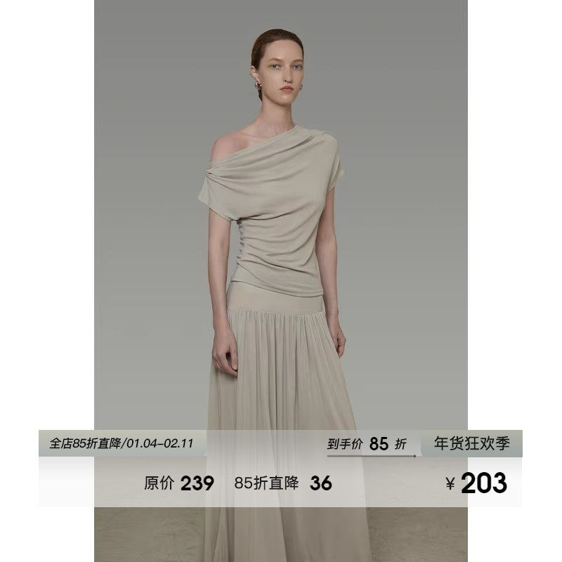 UNSPOKEN设计感褶皱斜肩短袖T恤女夏季2025新款宽腰头垂感半身裙,女装/女士精品,时尚套装,淘宝优惠券,粉丝福利购,淘宝优惠卷