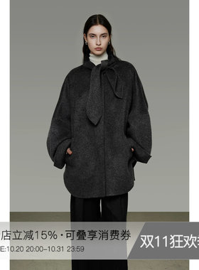UNSPOKEN宽松系带领双面呢外套100羊毛冬季新款小众设计毛呢大衣