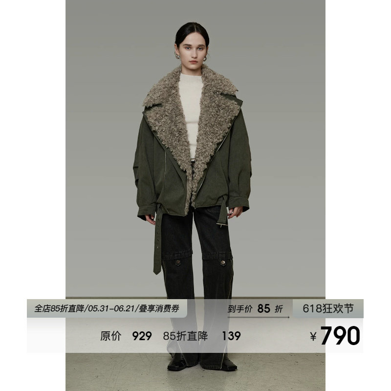 UNSPOKEN复古翻毛领拼色派克棉服女2026新款冬季宽松加绒厚款外套
