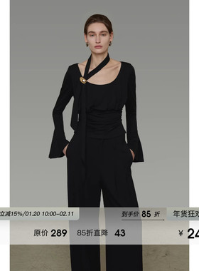 UNSPOKEN挂脖喇叭袖黑色针织衫气质造型领设计感法式修身短款上衣