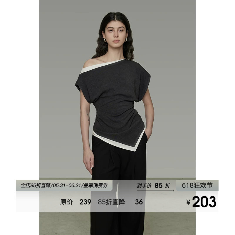 UNSPOKEN撞色斜肩针织衫女夏季2026新款不规则下摆显瘦露肩上衣