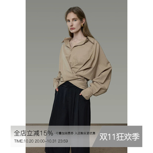 UNSPOKEN蝙蝠袖衬衫女收腰长袖交叠围裹式小众设计感气质宽松衬衣