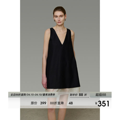 UNSPOKEN撞色无袖连衣裙V领小众设计感宽松中裙法式气质显瘦裙子