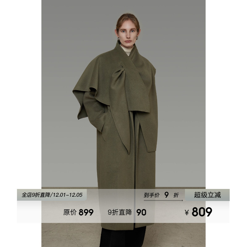 UNSPOKEN大翻领交叉系带单面呢大衣女冬季宽松简约设计感毛呢外套