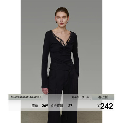 UNSPOKEN蕾丝花边黑色V领针织衫