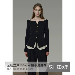 UNSPOKEN撞色拼接短外套女一字方领露肩气质独特设计感假两件上衣