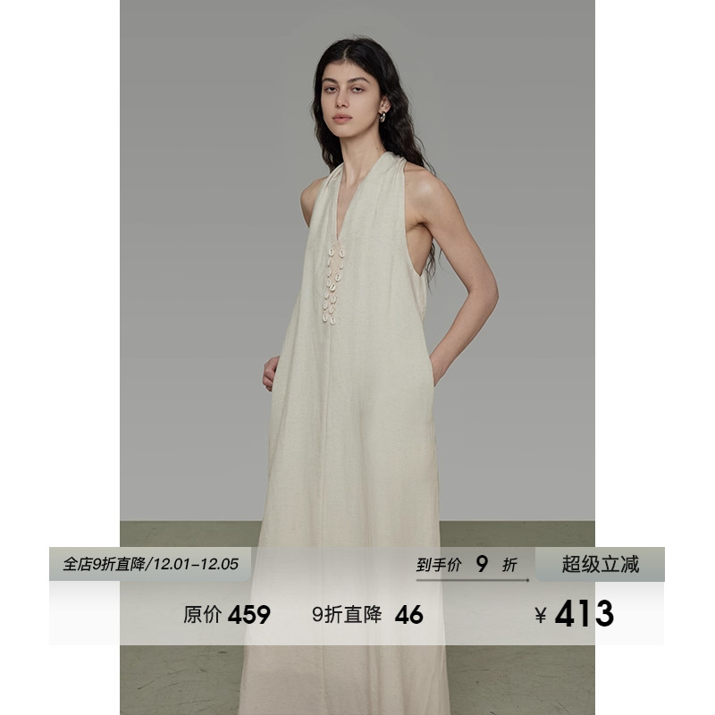 UNSPOKEN挂脖V领连衣裙女2025夏季新款无袖宽松简约设计感A字长裙