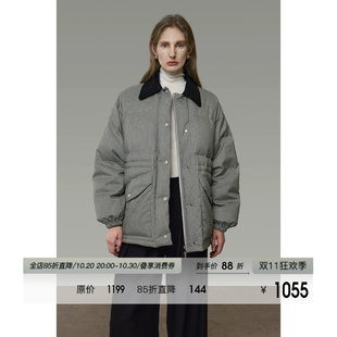 UNSPOKEN复古皮质翻领羽绒服女90白鸭绒保暖千鸟格撞色高级感外套