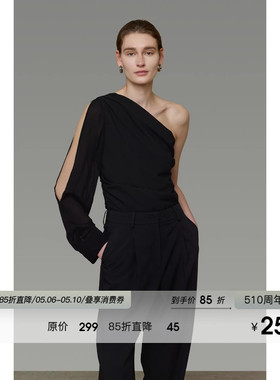 UNSPOKEN斜肩黑色衬衫女单侧长袖小众设计感露肩法式显瘦气质上衣