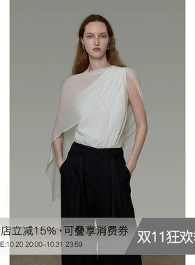 UNSPOKEN法式白色衬衫女无袖飘带独特修身斜肩显瘦设计感小众上衣