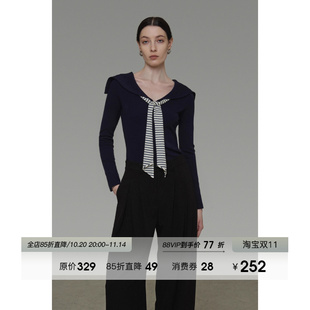显瘦设计感上衣 撞色条纹飘带修身 UNSPOKEN复古海军领针织衫 女秋季