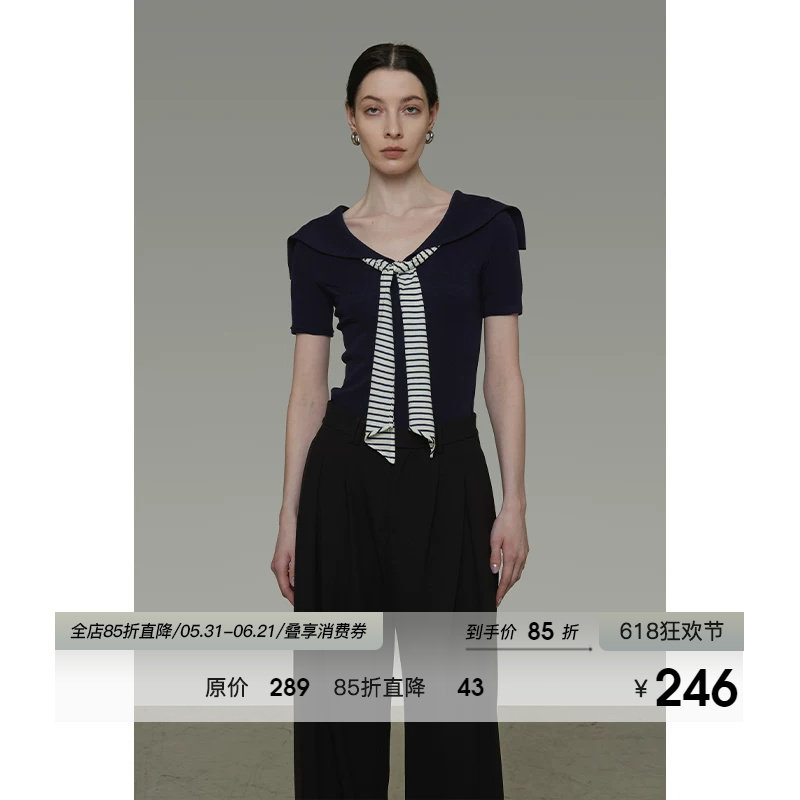 UNSPOKEN复古海军领条纹领带撞色针织短袖女2026夏季新款修身上衣