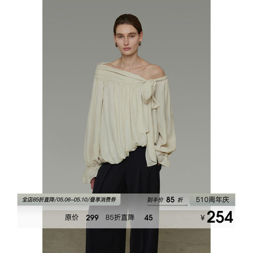 UNSPOKEN法式不规则斜肩衬衫女春季2026新款设计感系带露肩上衣
