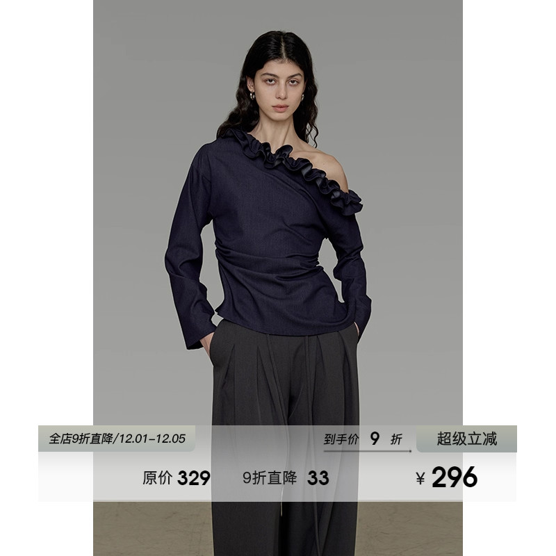 UNSPOKEN花边领斜肩衬衫女2025秋季新款修身显瘦慵懒高级感上衣