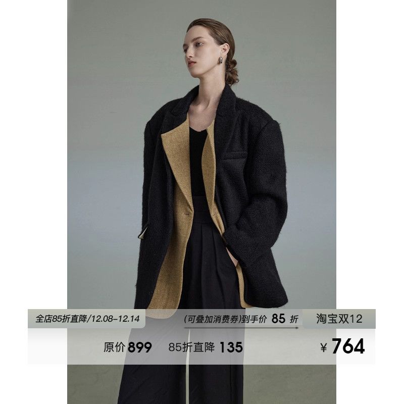 UNSPOKEN黑色加厚毛呢西装外套女冬季保暖防风高级感宽松呢子大衣