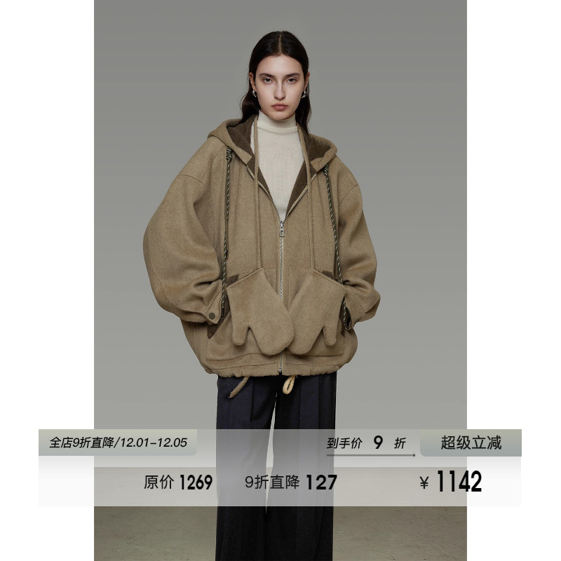 UNSPOKEN100羊毛两面穿连帽双面呢外套女原创设计感短款毛呢大衣