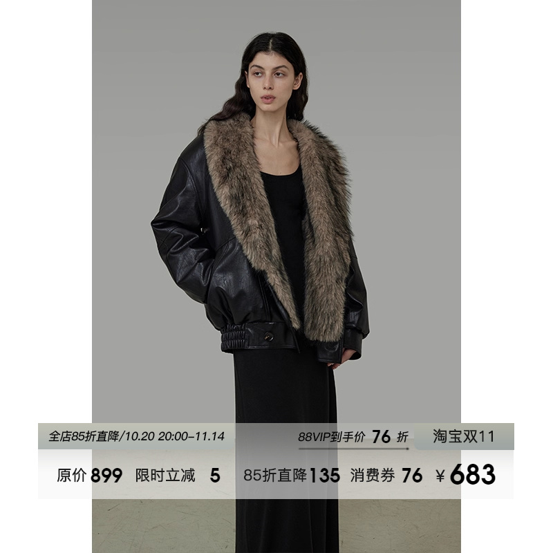 UNSPOKEN黑色毛领短款皮毛一体